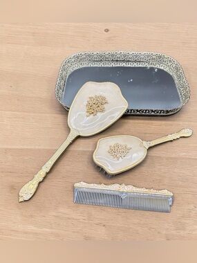 RARE Vintage Stylebuilt Accessories New York 24k Gold Plated Mirror Brush & Comb